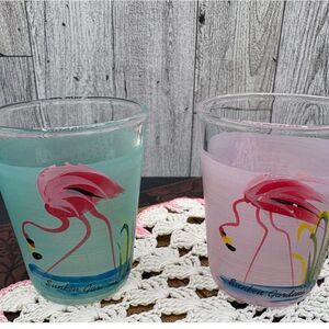 Pair MCM Vintage Flamingo Shot Glasses Sunken Gardens Florida Beach Tiki